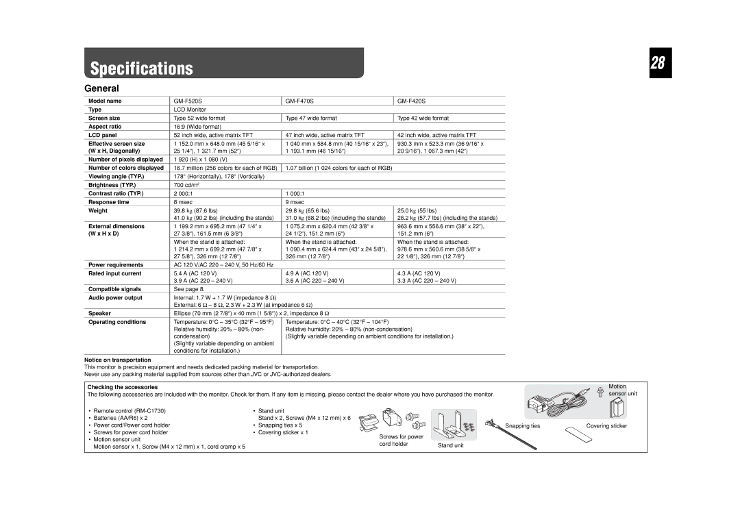 JVC GM-F470S, GM-F520S, GM-F420S specifications Specifications, General 