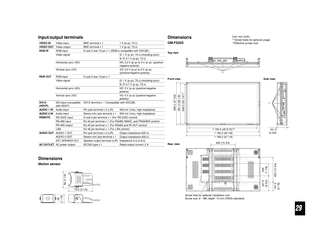 JVC GM-F420S, GM-F470S specifications Input/output terminals, Dimensions, GM-F520S, Motion sensor 