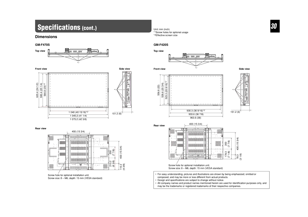 JVC GM-F520S specifications GM-F470S, GM-F420S, Top view Front view, Rear view 