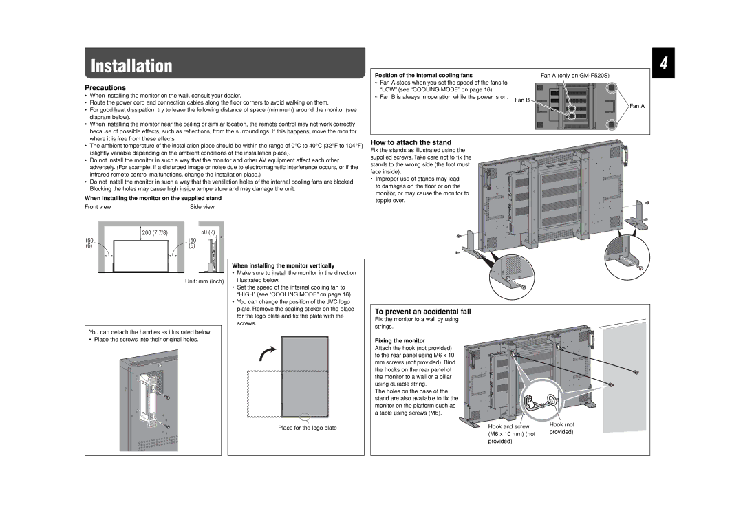 JVC GM-F470S, GM-F520S, GM-F420S Installation, Precautions, How to attach the stand, To prevent an accidental fall 