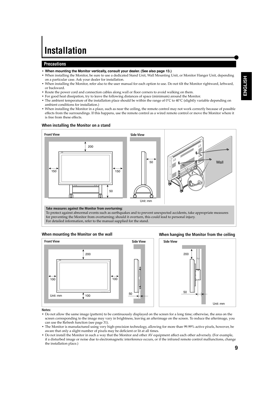 JVC GM-V42E manual Installation, Precautions, When installing the Monitor on a stand, When mounting the Monitor on the wall 