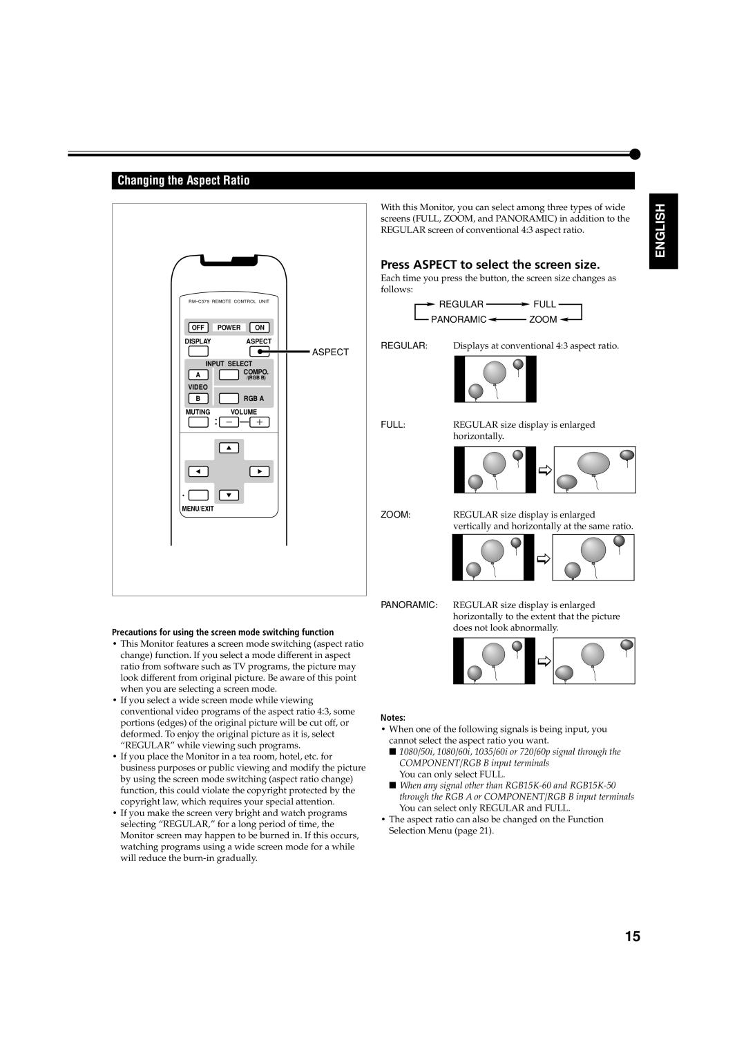 JVC GM-V42E manual Changing the Aspect Ratio, Press Aspect to select the screen size 