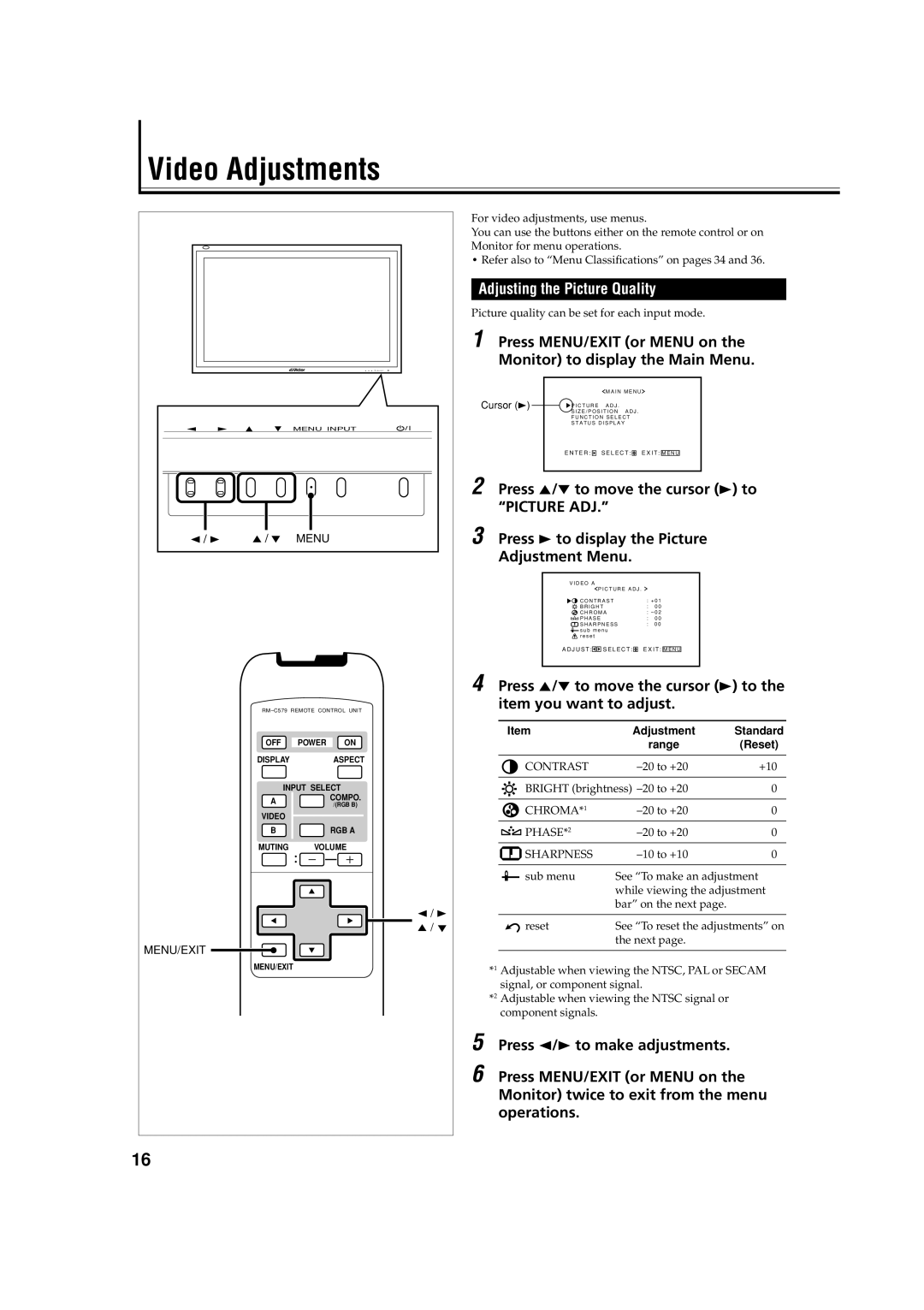 JVC GM-V42E manual Video Adjustments, Adjusting the Picture Quality 