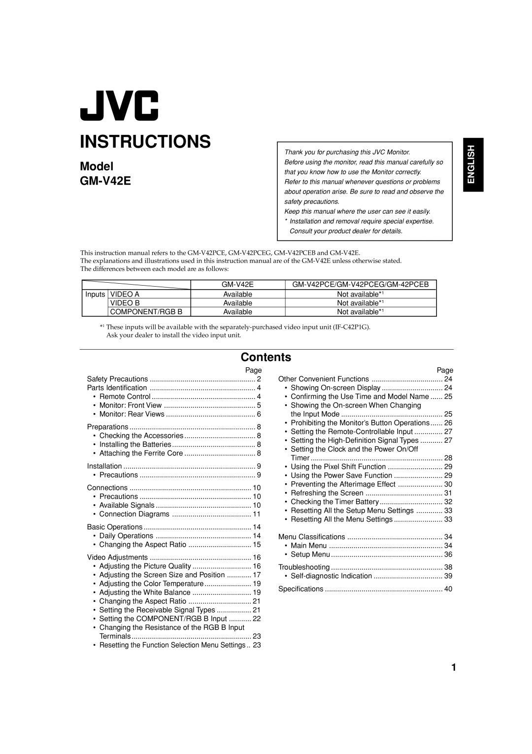 JVC GM-V42E manual Instructions 