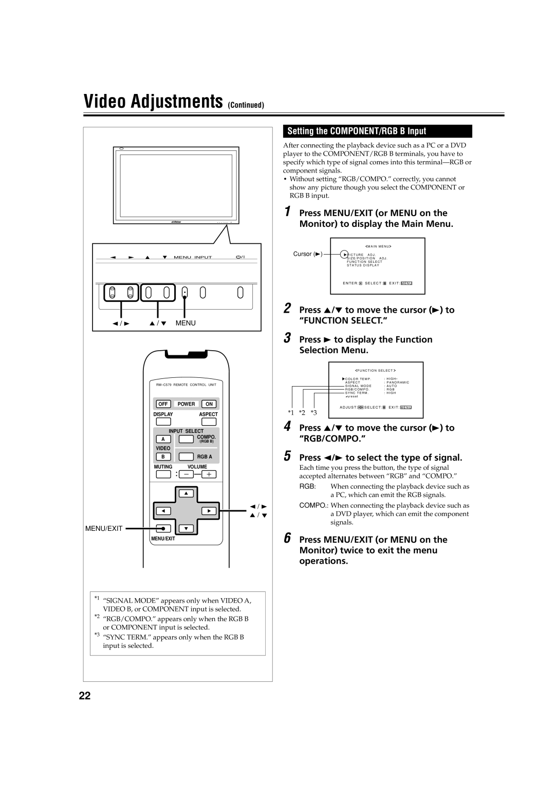 JVC GM-V42E manual Setting the COMPONENT/RGB B Input 