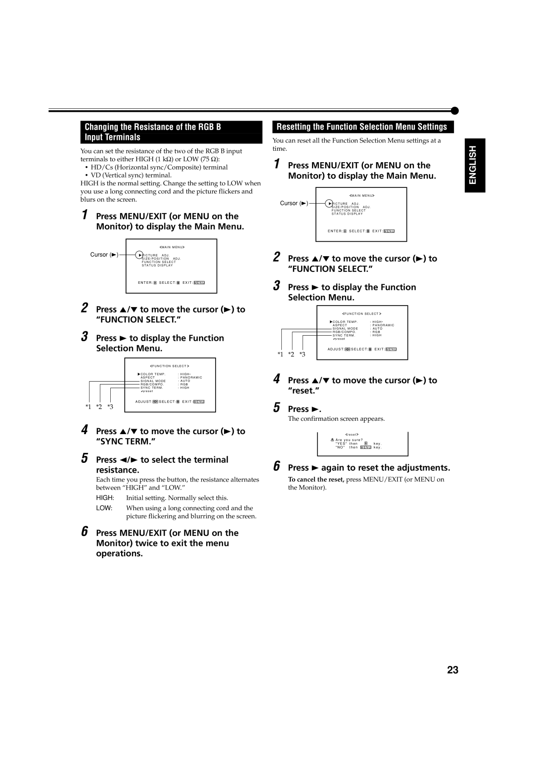 JVC GM-V42E manual Changing the Resistance of the RGB B Input Terminals, Press 5/∞ to move the cursor 3 to reset 