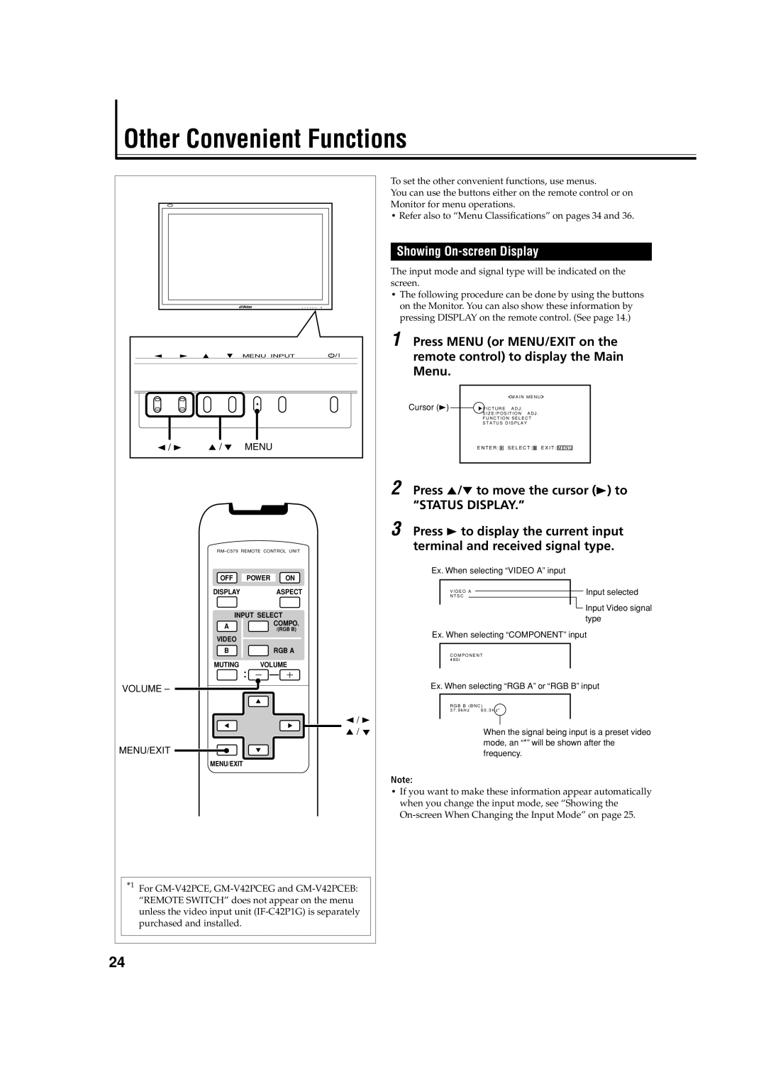 JVC GM-V42E manual Other Convenient Functions, Showing On-screen Display 