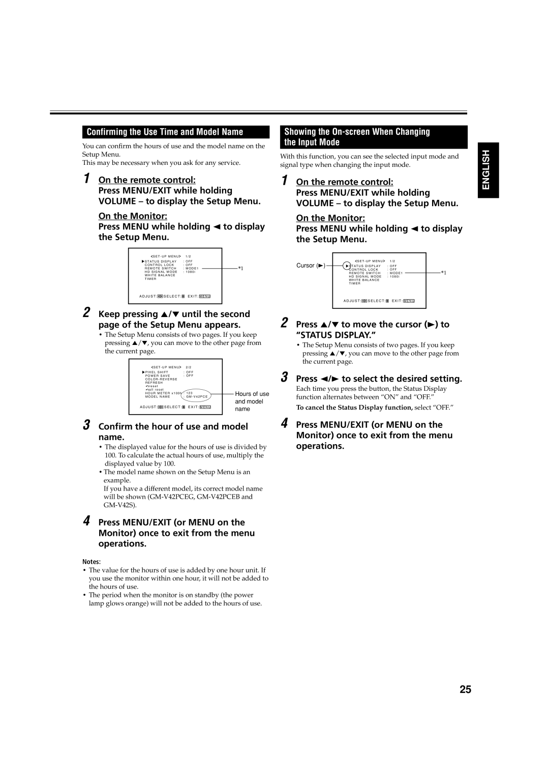 JVC GM-V42E manual Confirming the Use Time and Model Name, Confirm the hour of use and model name 