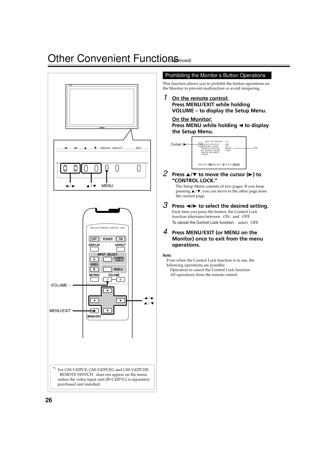 JVC GM-V42E manual Prohibiting the Monitor’s Button Operations, Press 5/∞ to move the cursor 3 to Control Lock 