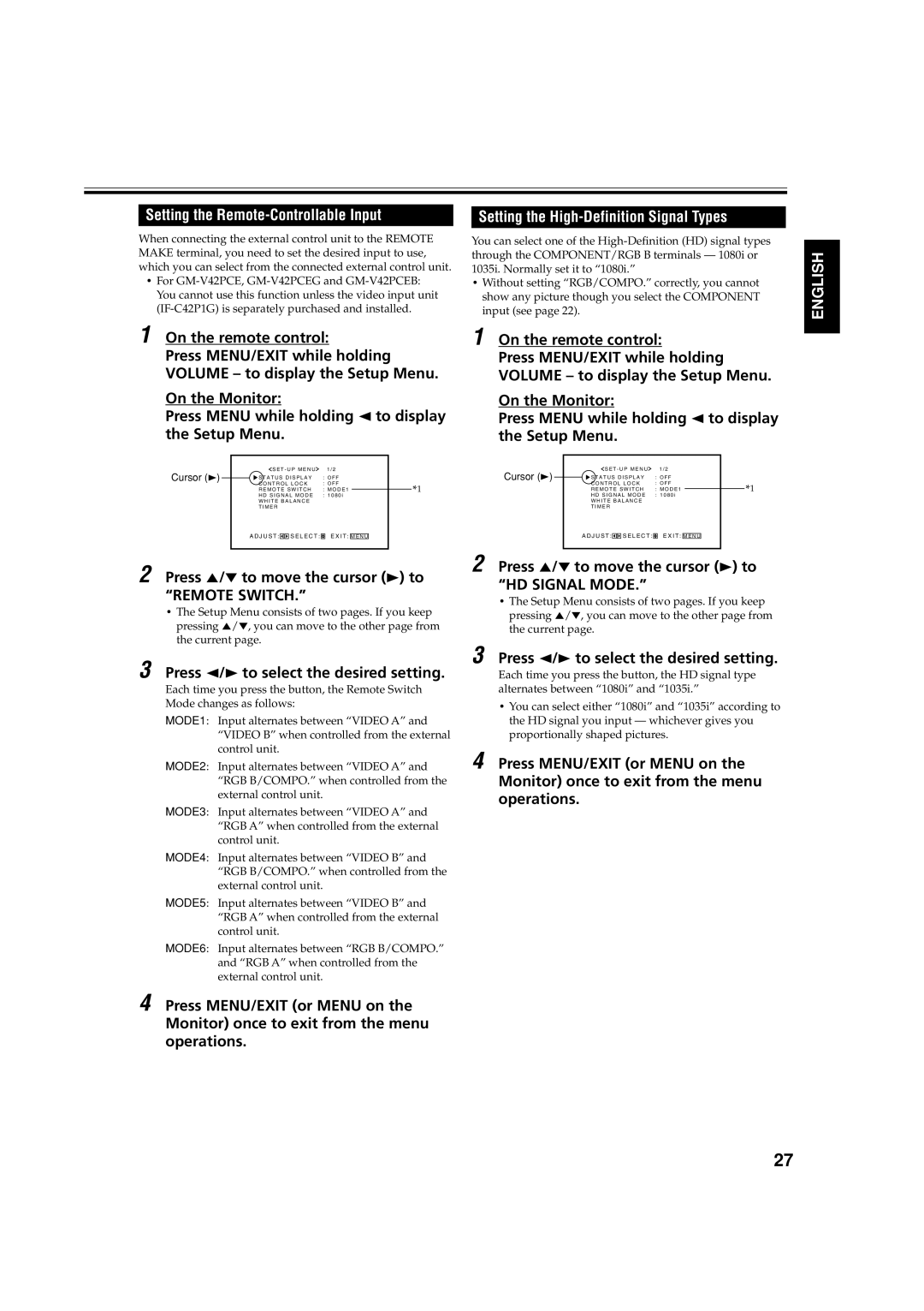 JVC GM-V42E manual Setting the Remote-Controllable Input, Press 5/∞ to move the cursor 3 to Remote Switch 