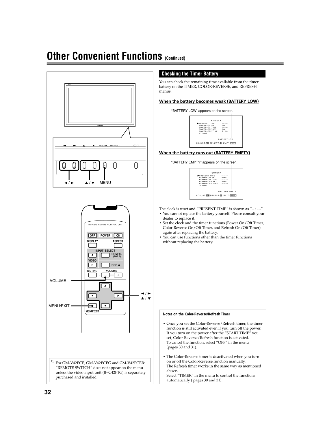 JVC GM-V42E manual Checking the Timer Battery, When the battery becomes weak Battery LOW 