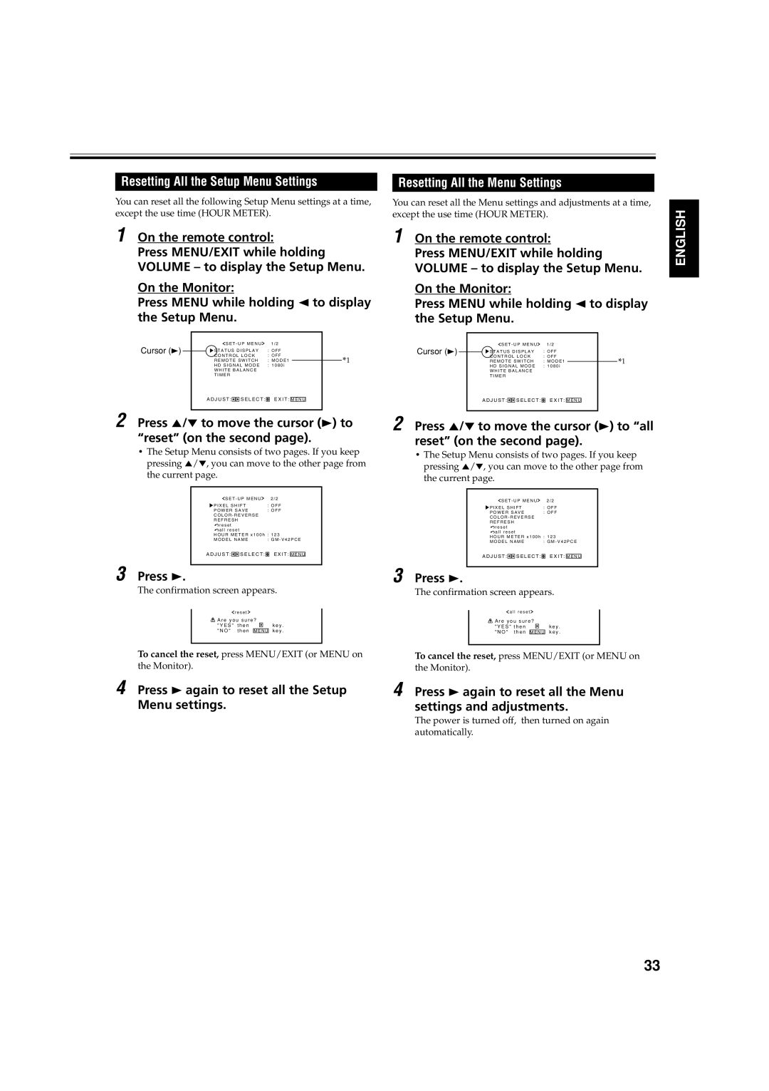 JVC GM-V42E manual Resetting All the Setup Menu Settings, Resetting All the Menu Settings 