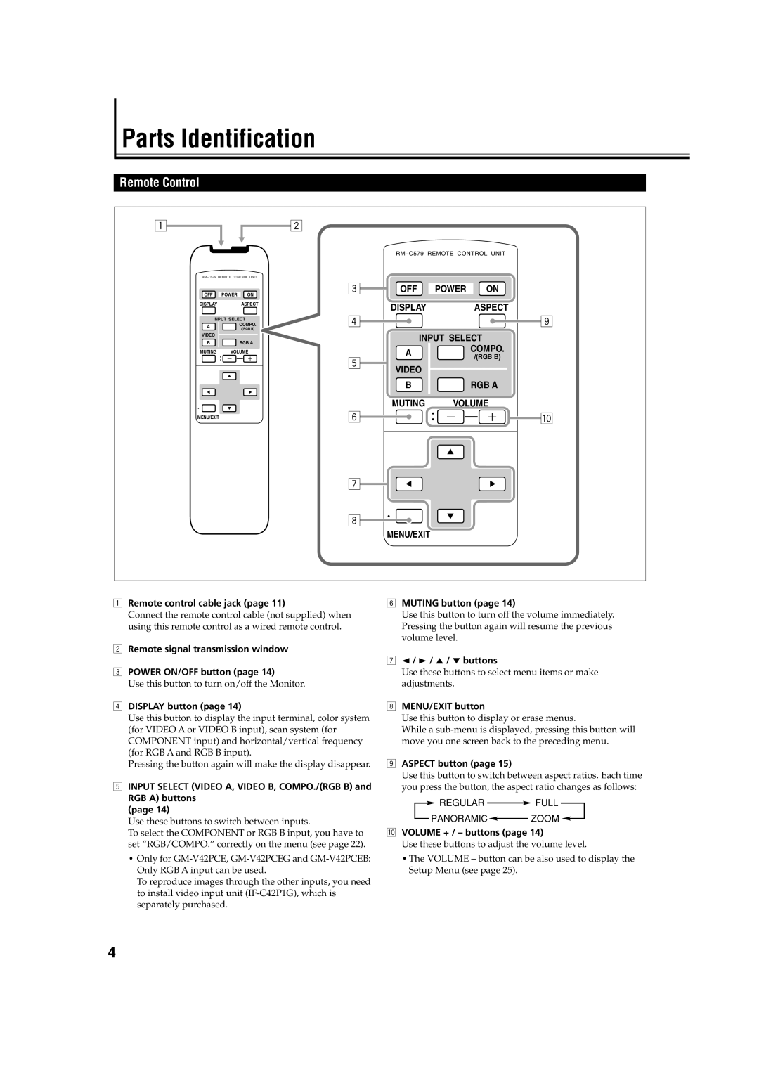 JVC GM-V42E manual Parts Identification, Remote Control 