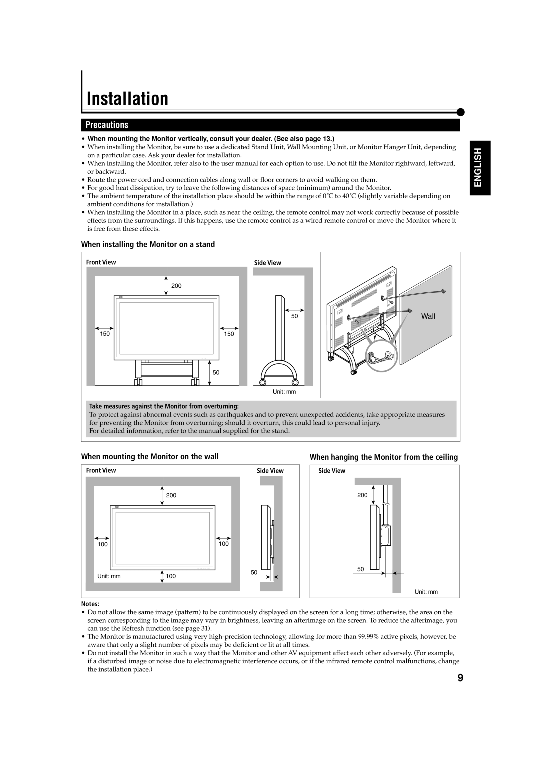 JVC GM-V42PCEG Installation, Precautions, When installing the Monitor on a stand, When mounting the Monitor on the wall 