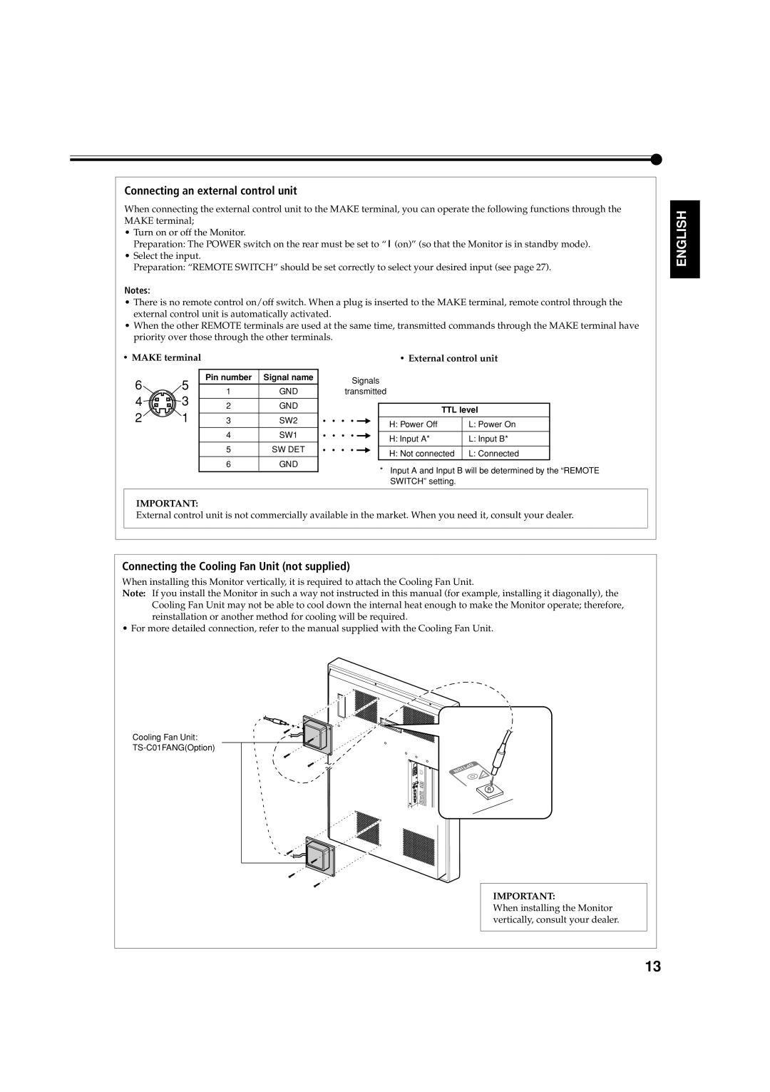 JVC GM-V42PCEG, GM-V42S Connecting an external control unit, Connecting the Cooling Fan Unit not supplied, Make terminal 