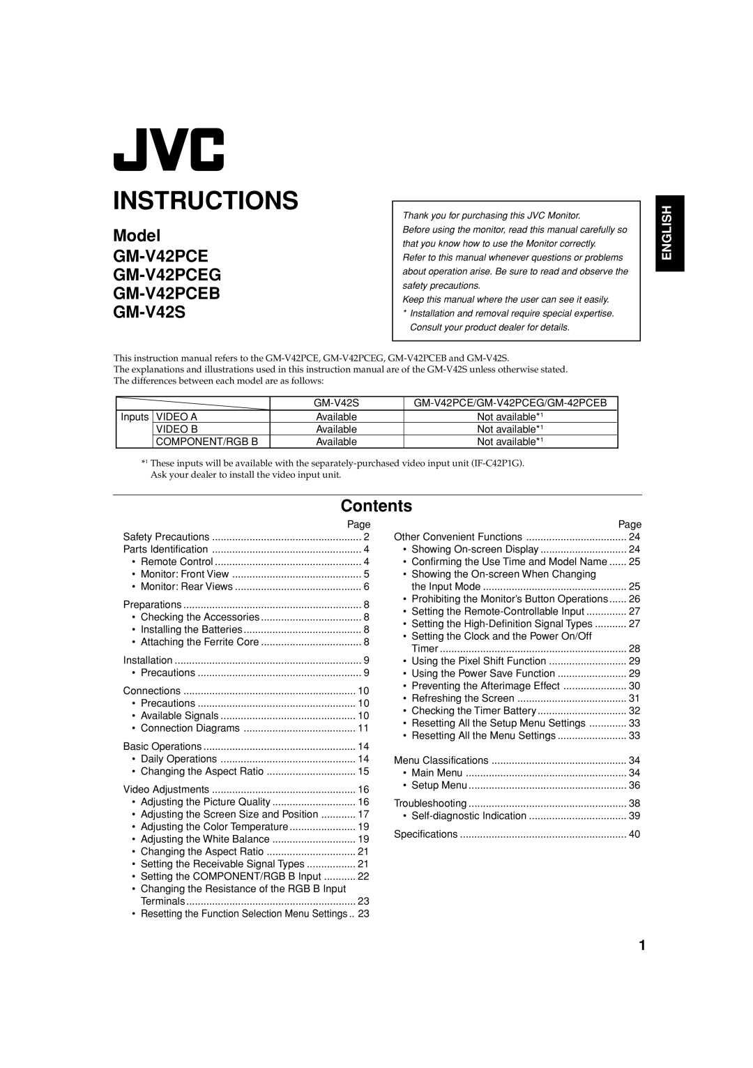 JVC GM-V42PCEG, GM-V42S, GM-V42PCEB manual Instructions 