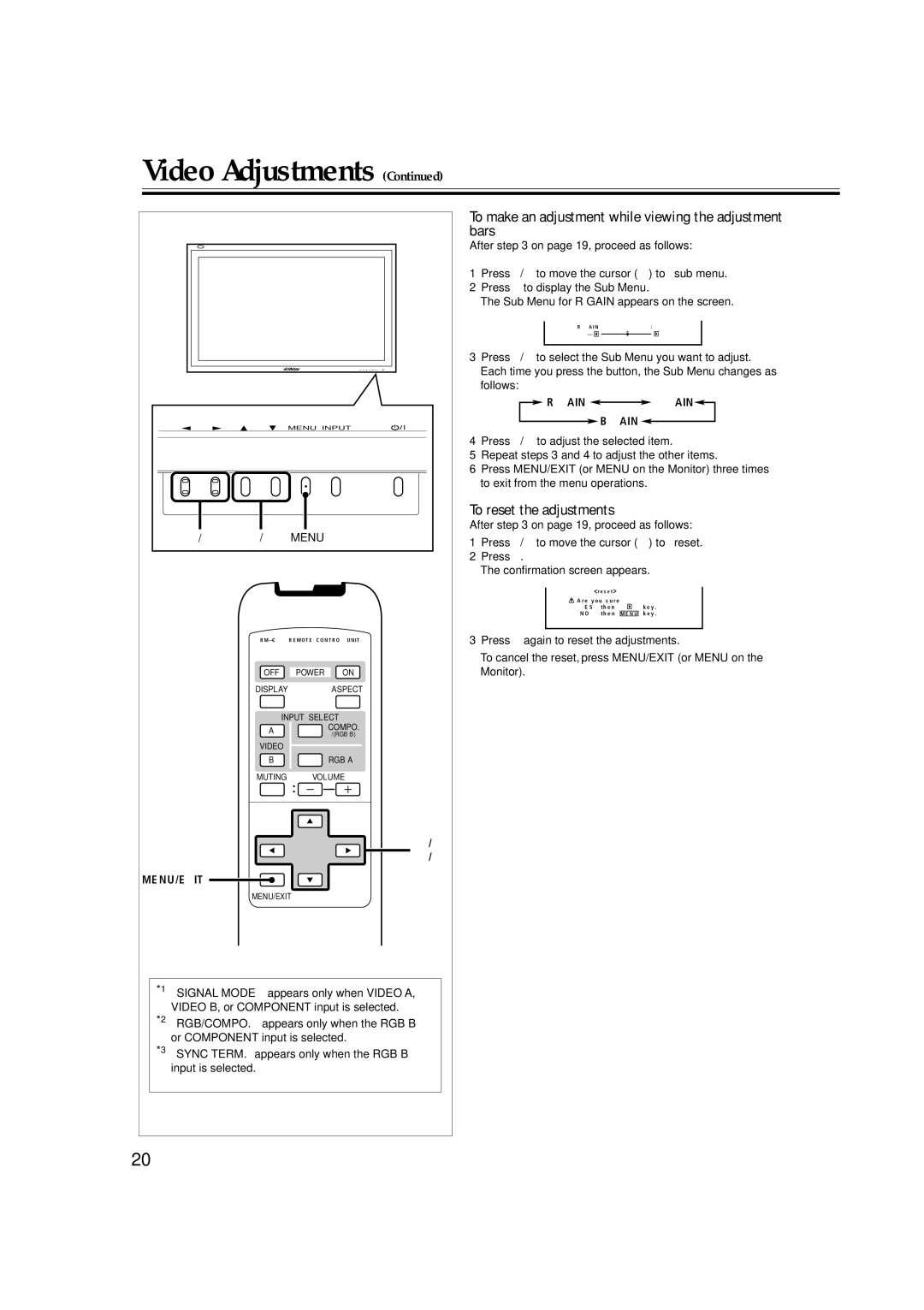 JVC GM-V42S, GM-V42PCEG, GM-V42PCEB manual Video Adjustments, To make an adjustment while viewing the adjustment bars 