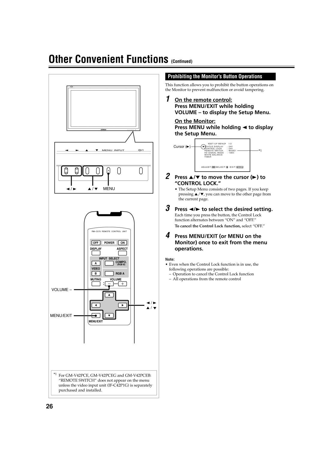 JVC GM-V42PCEB, GM-V42S manual Prohibiting the Monitor’s Button Operations, Press 5/∞ to move the cursor 3 to Control Lock 