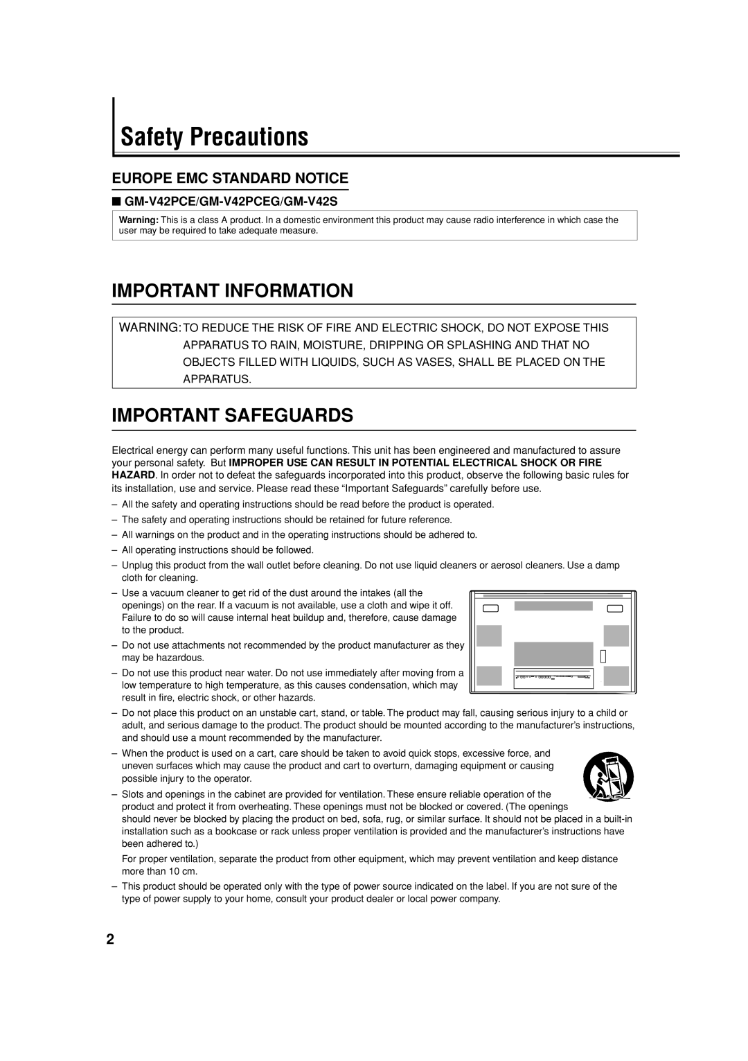 JVC GM-V42PCEB, GM-V42S, GM-V42PCEG manual Safety Precautions, Important Information Important Safeguards 