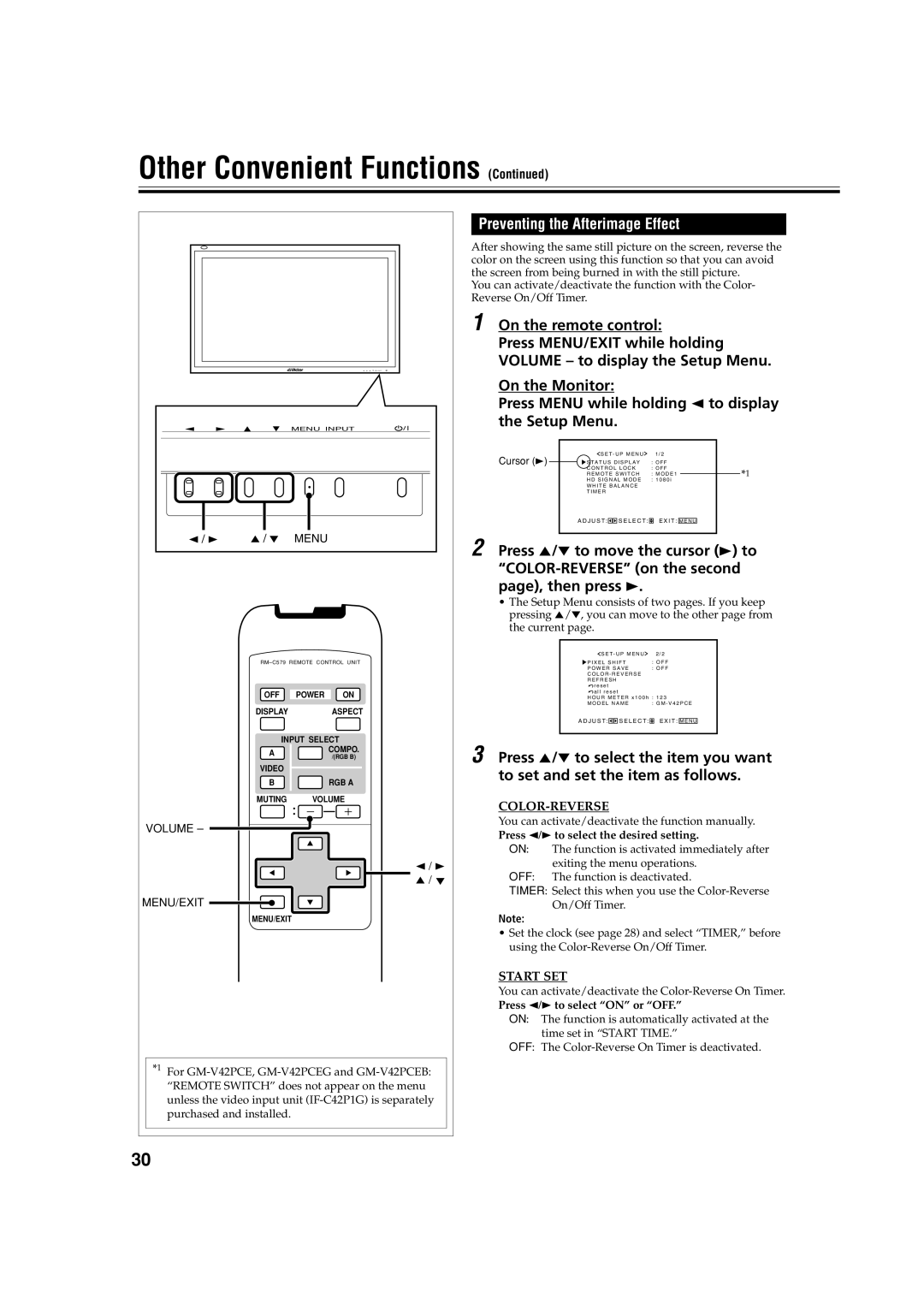 JVC GM-V42PCEB, GM-V42S, GM-V42PCEG manual Preventing the Afterimage Effect, Press 2/3 to select the desired setting 