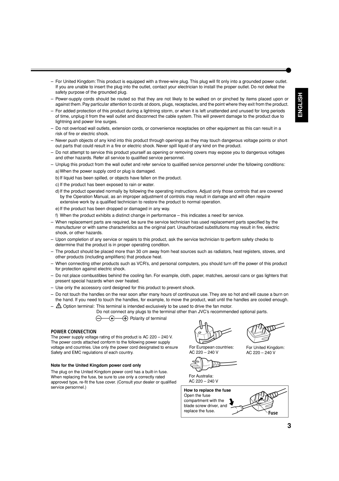 JVC GM-V42S, GM-V42PCEG, GM-V42PCEB manual Power Connection, Fuse 