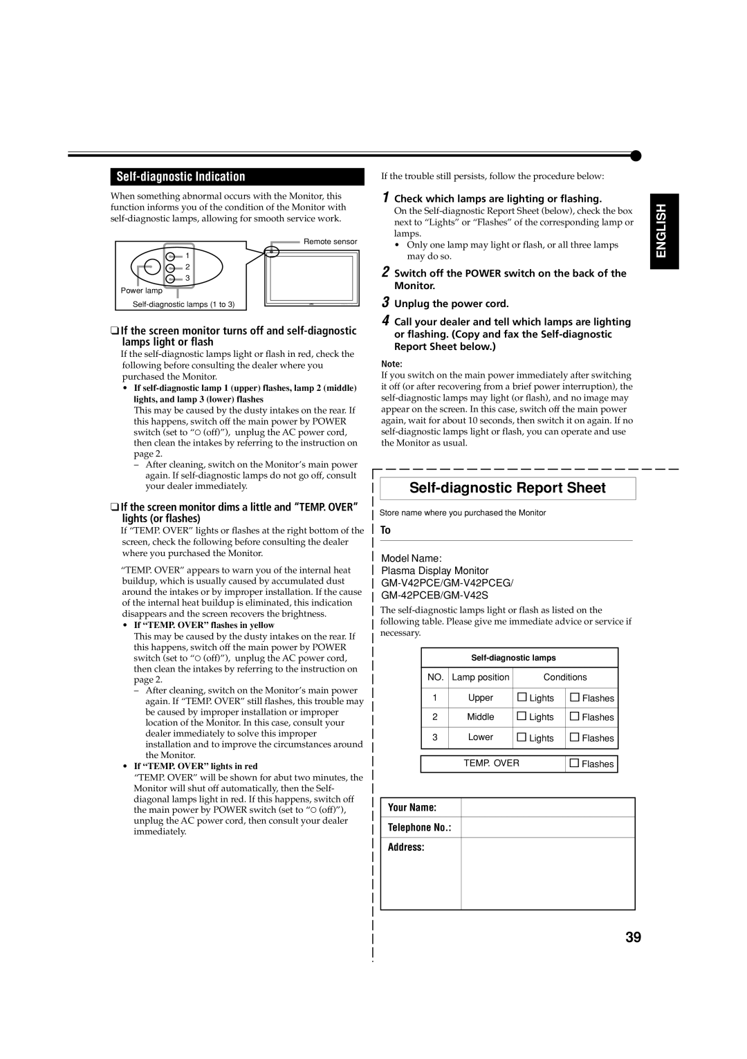 JVC GM-V42S, GM-V42PCEG manual Self-diagnostic Indication, If TEMP. Over flashes in yellow, If TEMP. Over lights in red 