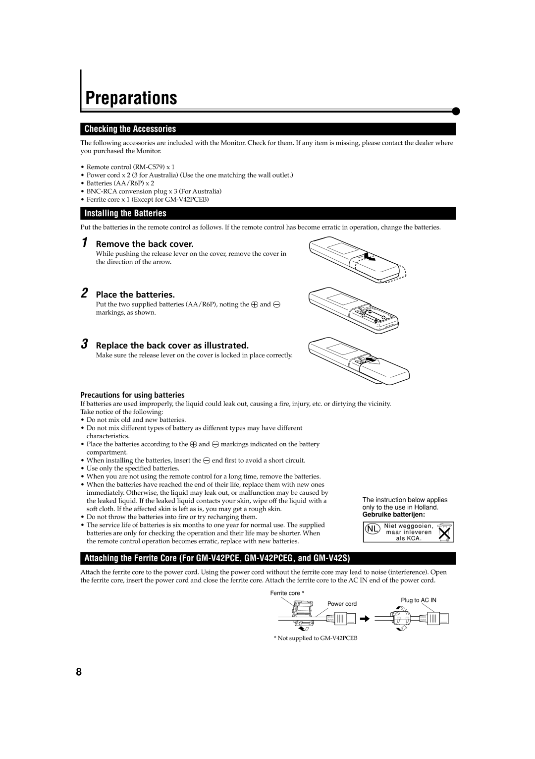 JVC GM-V42S, GM-V42PCEG, GM-V42PCEB manual Preparations, Checking the Accessories, Installing the Batteries 