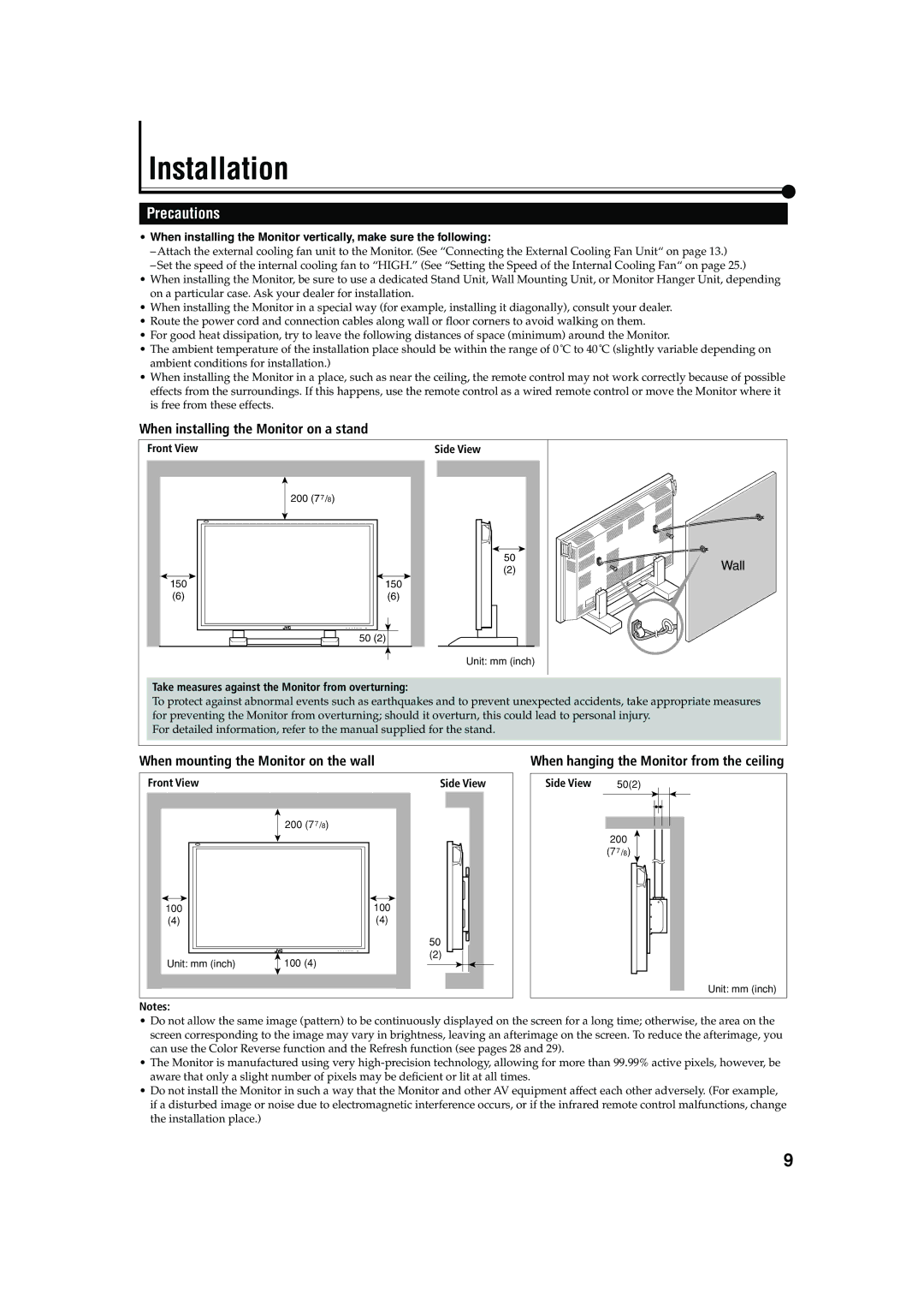 JVC GM X50U manual Installation, Precautions, When installing the Monitor on a stand, When mounting the Monitor on the wall 