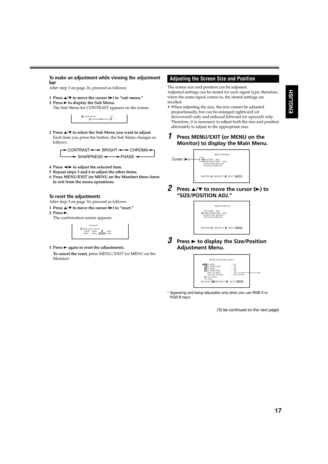 JVC GM X50U manual Adjusting the Screen Size and Position 