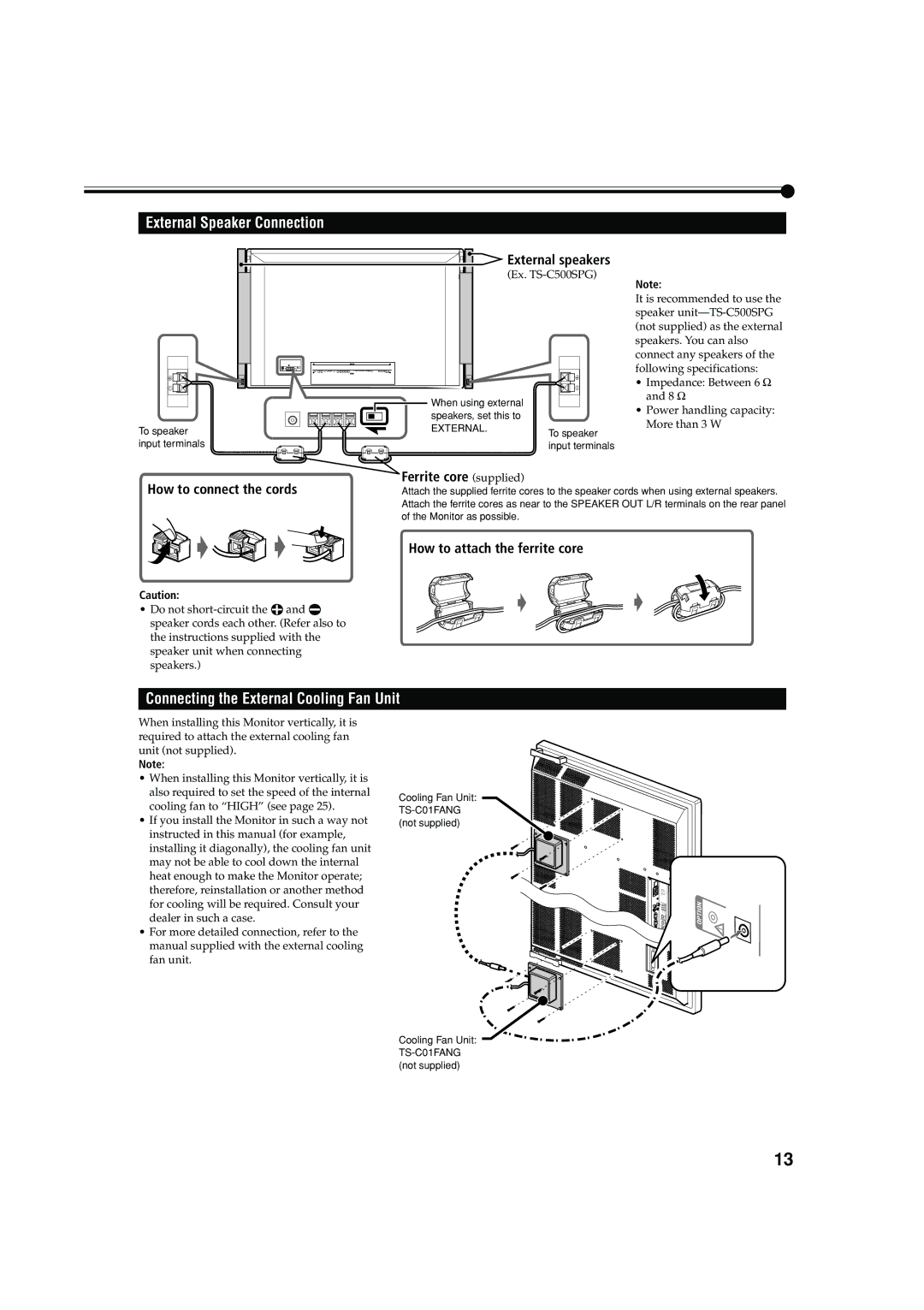 JVC GM X50U manual External Speaker Connection, Connecting the External Cooling Fan Unit 