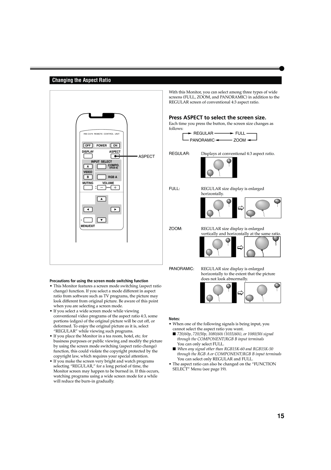 JVC GM X50U manual Changing the Aspect Ratio, Press Aspect to select the screen size 