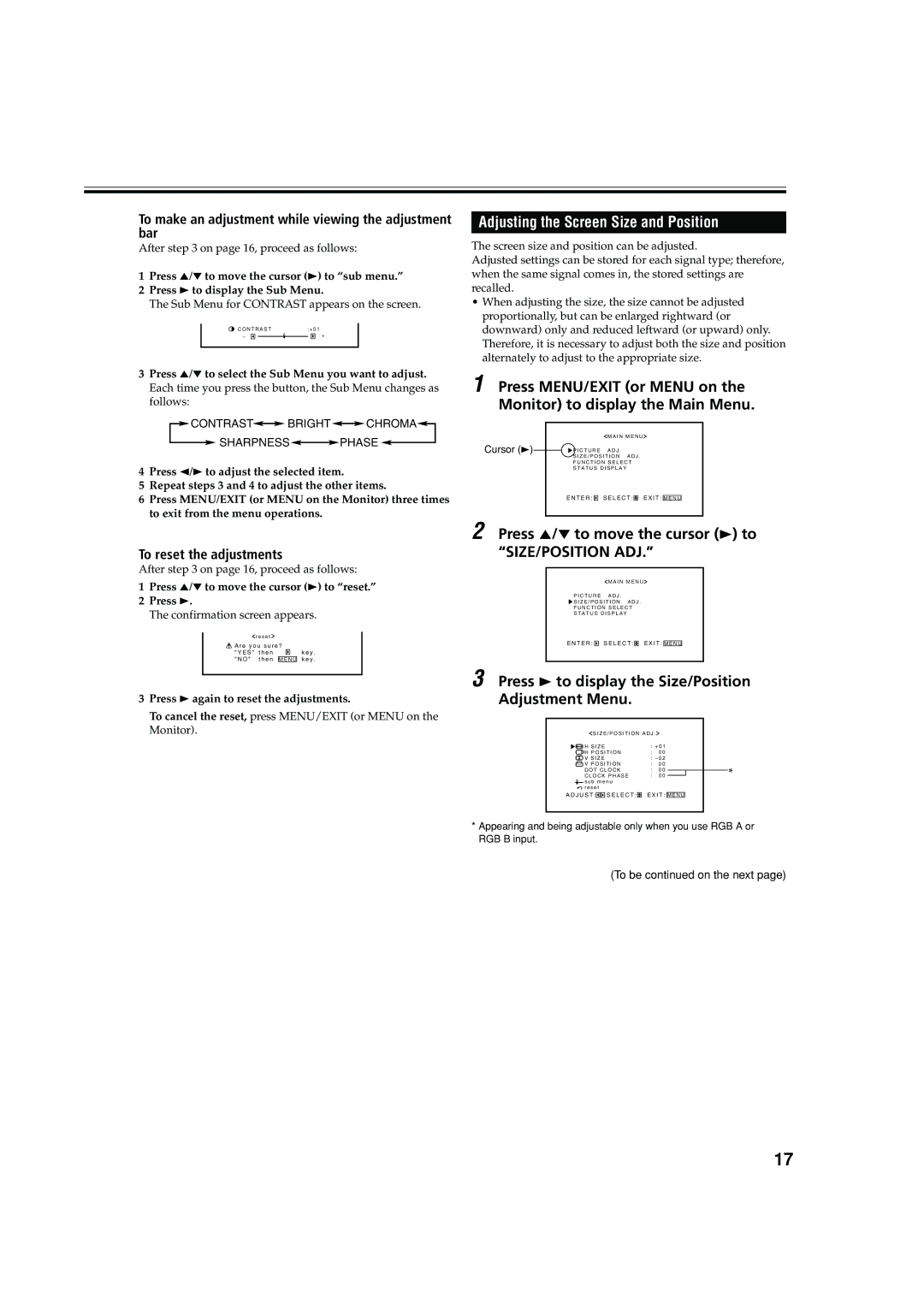 JVC GM X50U manual Adjusting the Screen Size and Position, Press 5/∞ to move the cursor 3 to SIZE/POSITION ADJ 