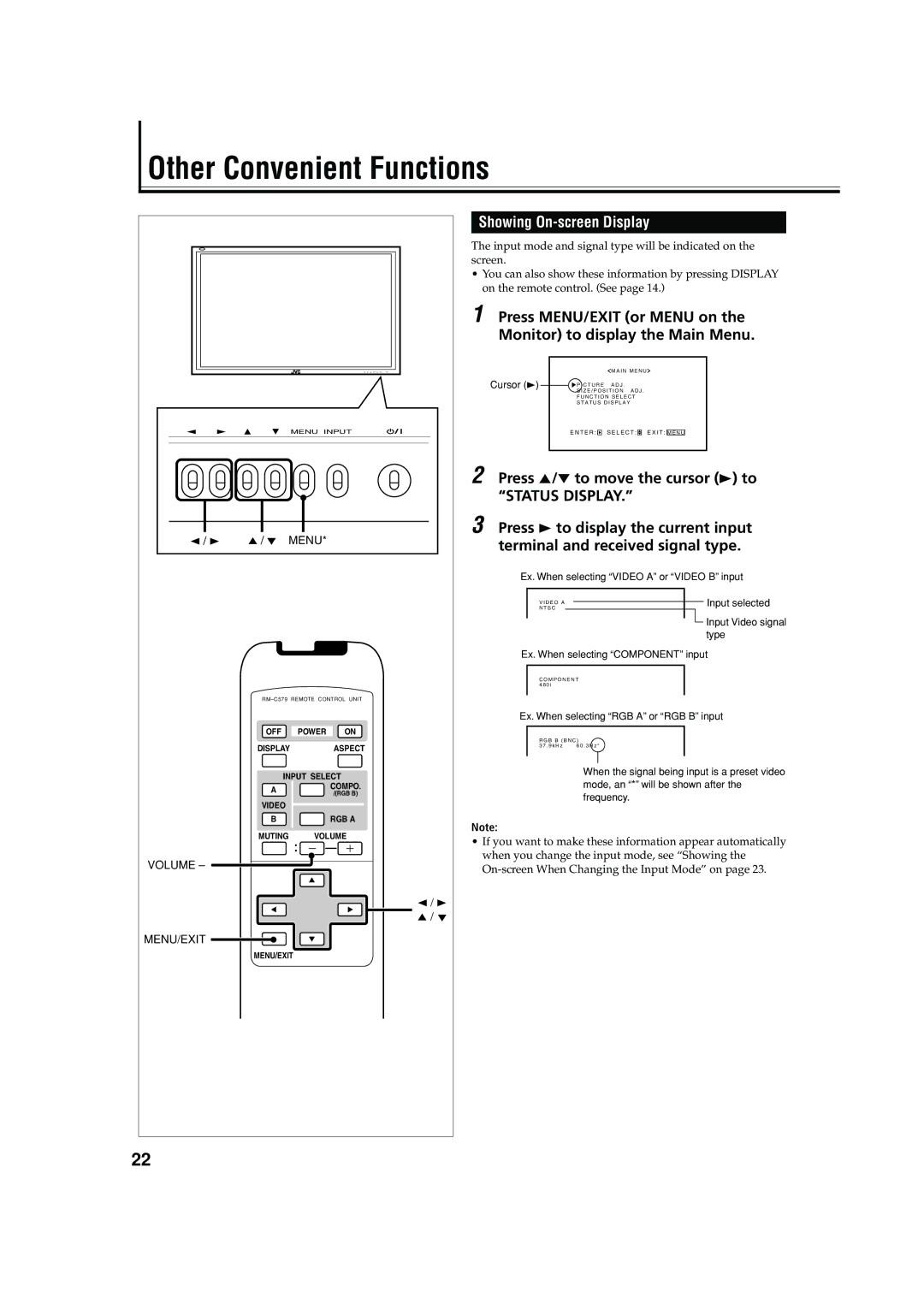 JVC GM X50U manual Other Convenient Functions, Showing On-screen Display 