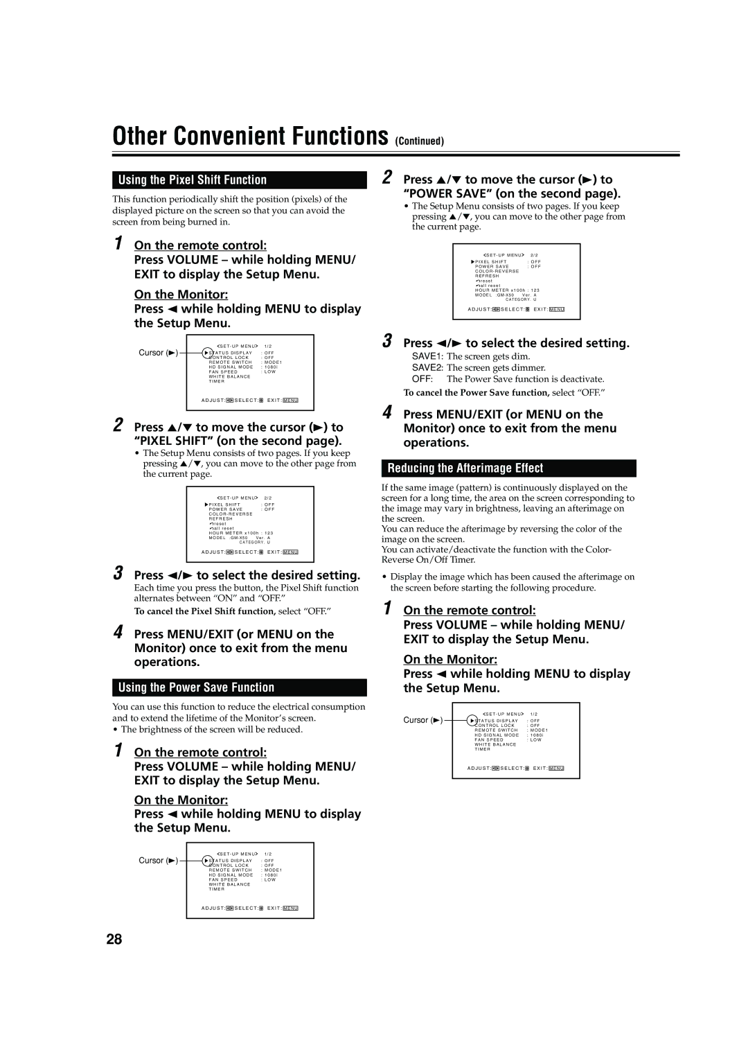 JVC GM X50U manual Using the Pixel Shift Function, Using the Power Save Function, Reducing the Afterimage Effect 