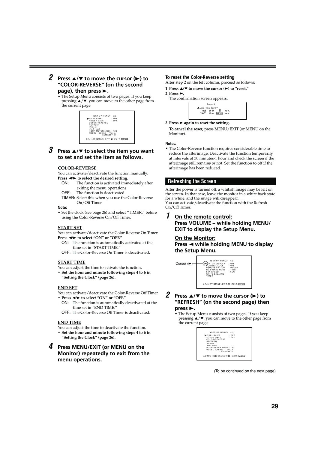 JVC GM X50U manual Refreshing the Screen, To reset the Color-Reverse setting 