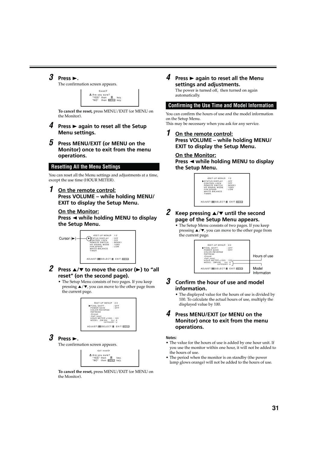 JVC GM X50U manual Resetting All the Menu Settings, Press 5/∞ to move the cursor 3 to all reset on the second 