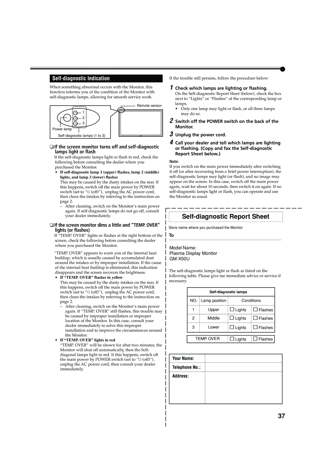 JVC GM X50U manual Self-diagnostic Indication, Check which lamps are lighting or flashing 