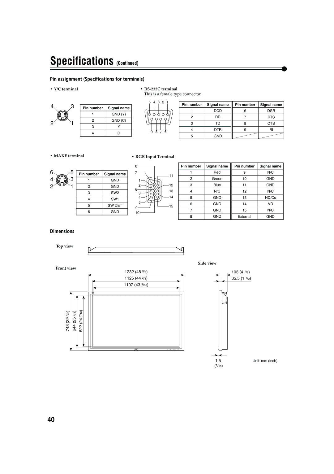 JVC GM X50U manual Pin assignment Specifications for terminals, Dimensions 