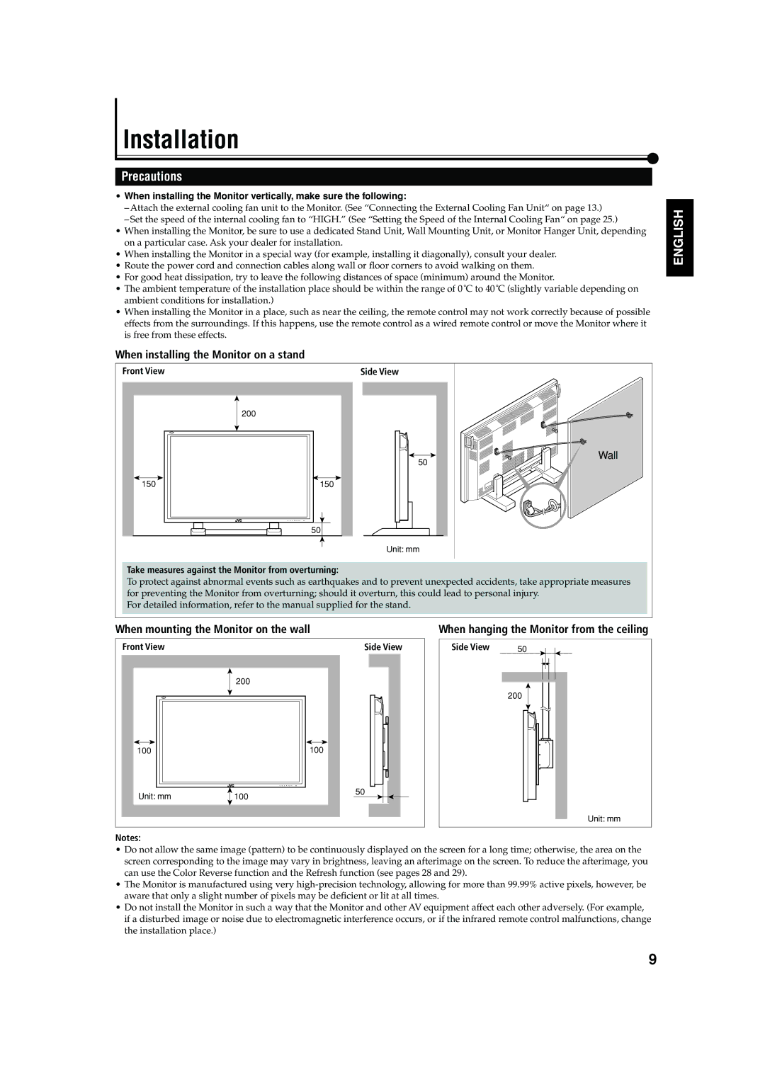 JVC GM X50U manual When hanging the Monitor from the ceiling, Wall 