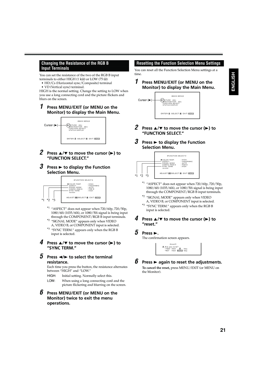 JVC GM X50U manual Resetting the Function Selection Menu Settings 