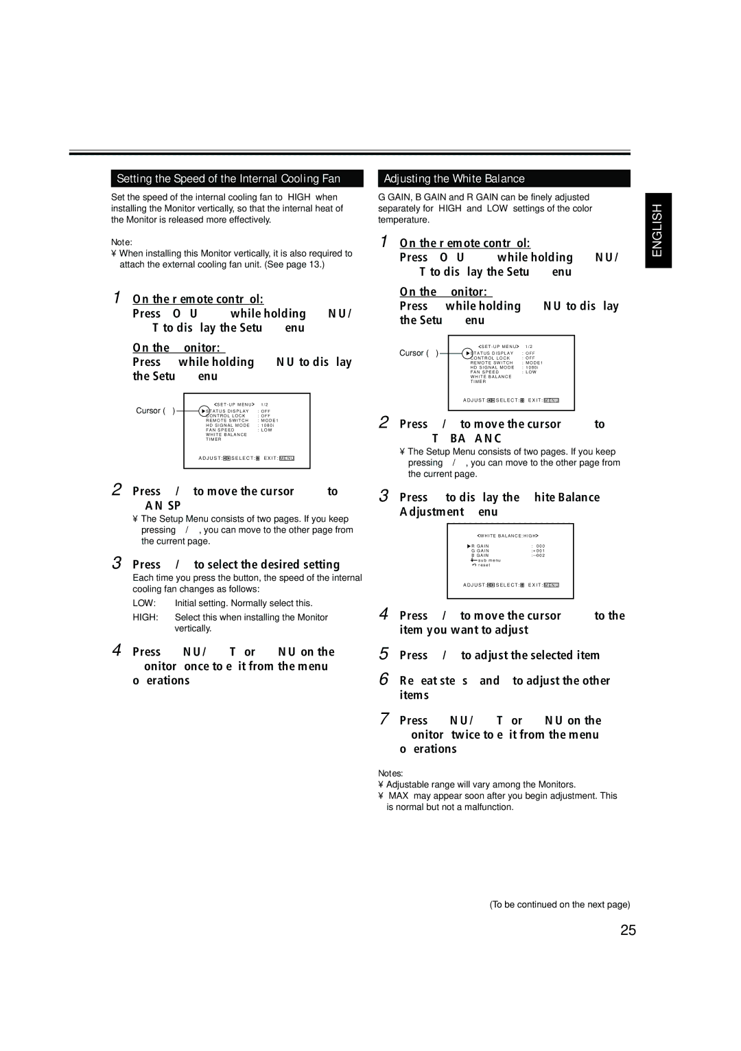 JVC GM X50U manual Setting the Speed of the Internal Cooling Fan 