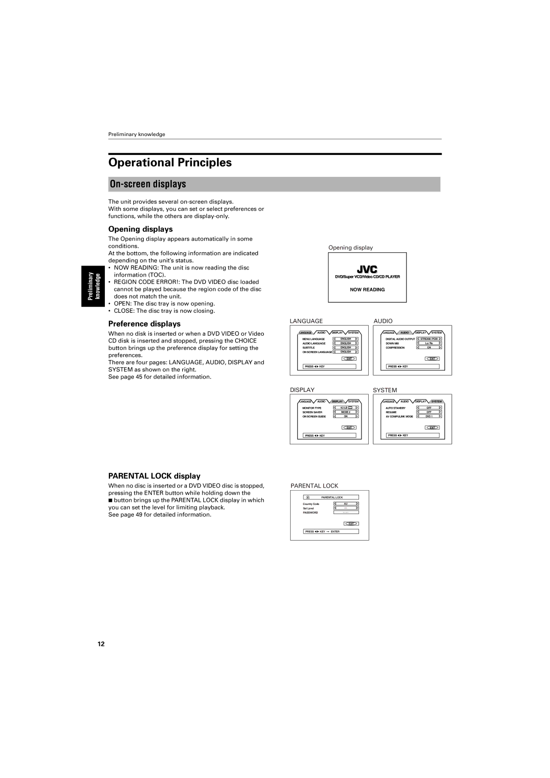 JVC GNT0013-014A Operational Principles, On-screen displays, Opening displays, Preference displays, Parental Lock display 