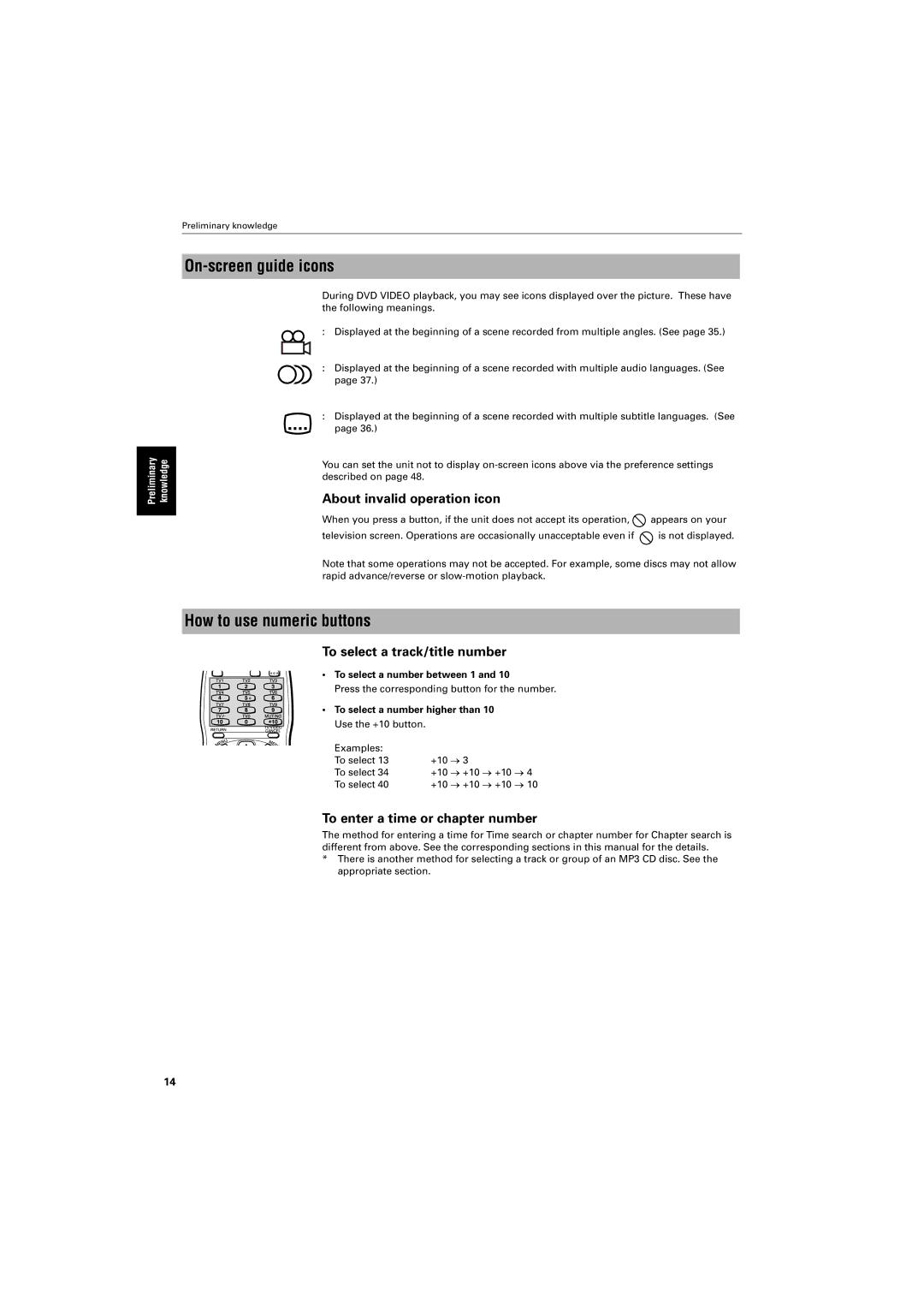 JVC GNT0013-014A manual On-screen guide icons, How to use numeric buttons, About invalid operation icon 