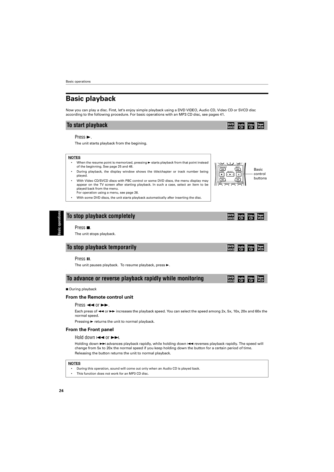 JVC GNT0013-014A manual Basic playback, To start playback, To stop playback completely, To stop playback temporarily 