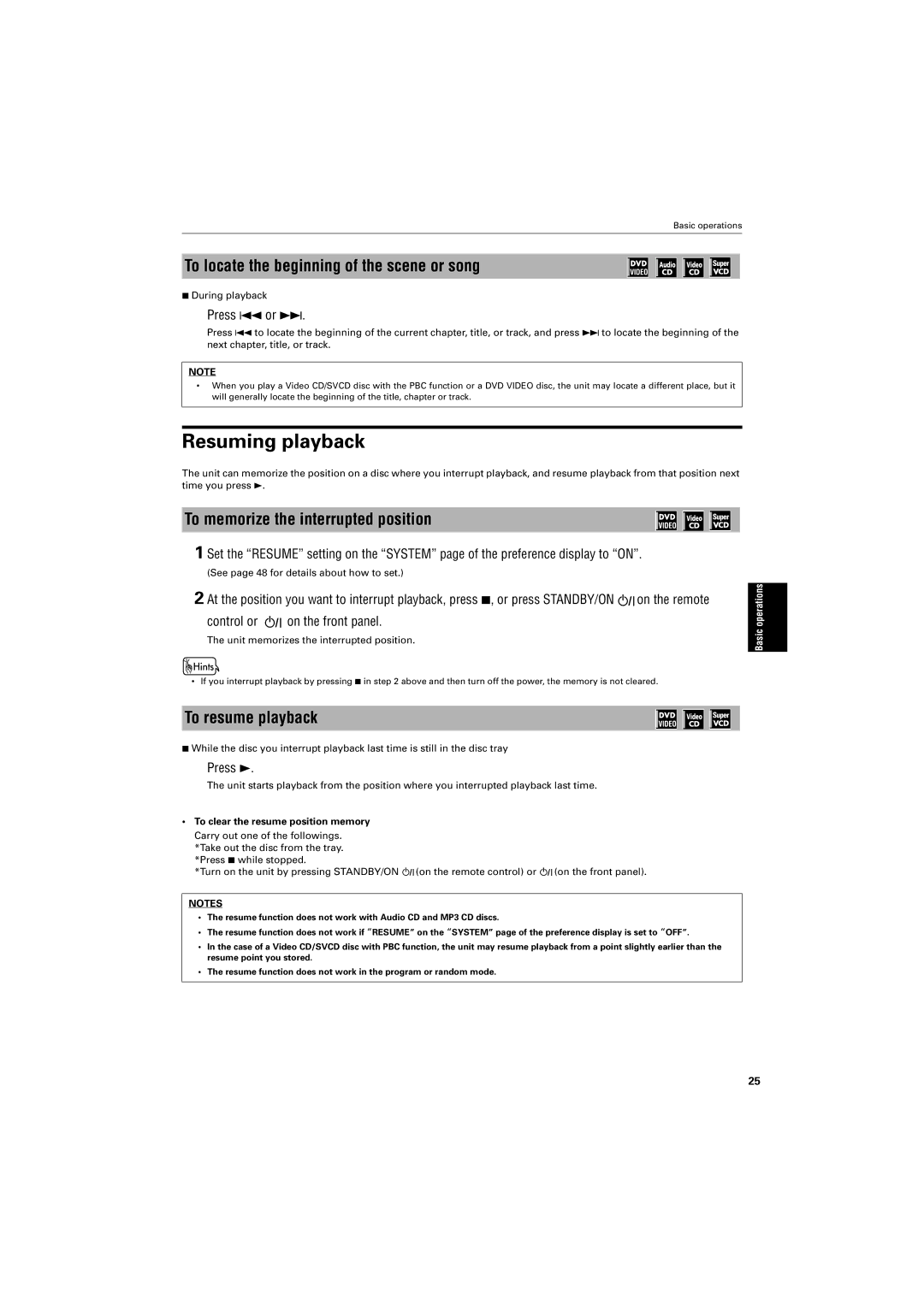 JVC GNT0013-014A Resuming playback, To locate the beginning of the scene or song, To memorize the interrupted position 