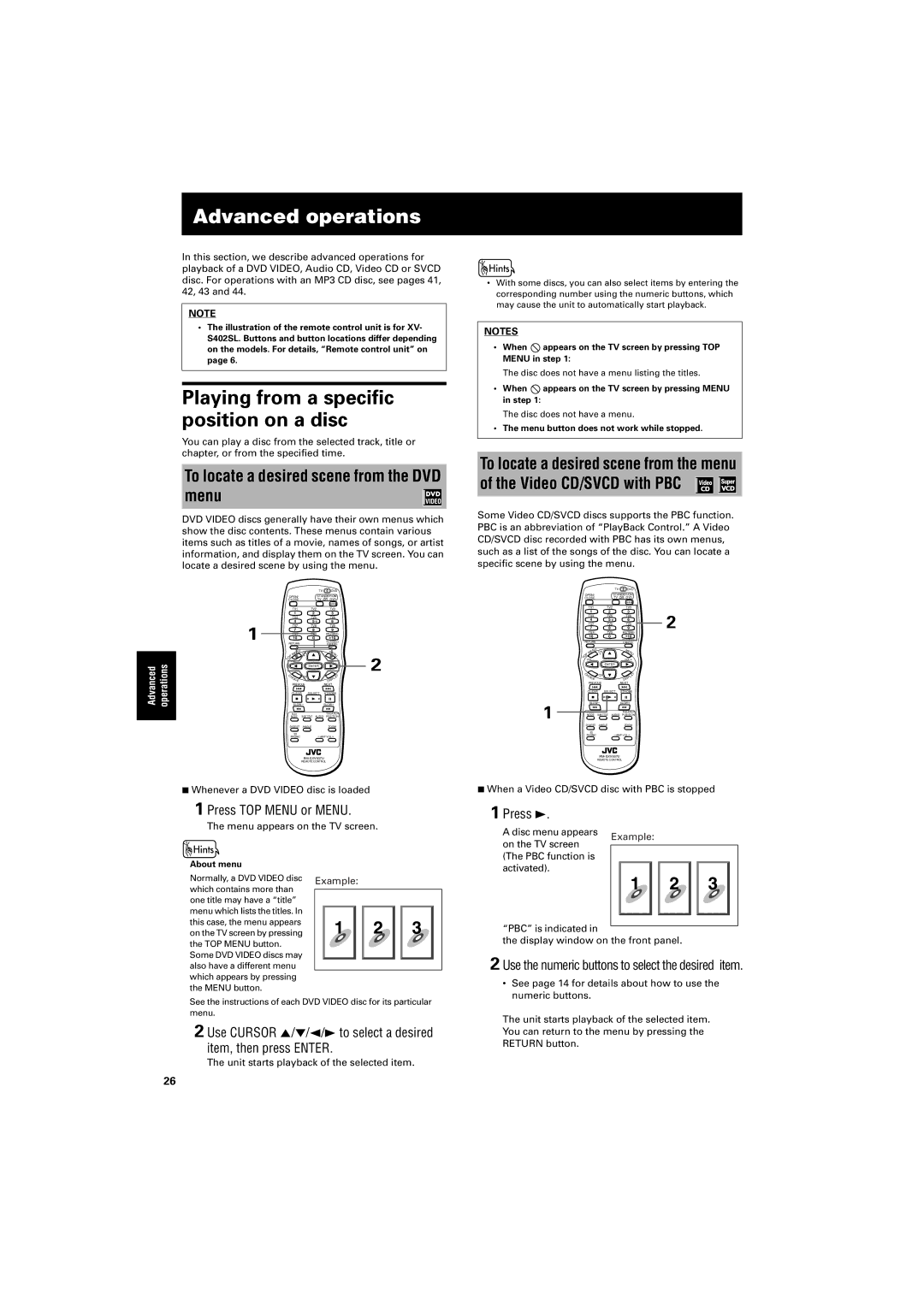 JVC GNT0013-014A manual Advanced operations, Playing from a specific position on a disc, Press TOP Menu or Menu 