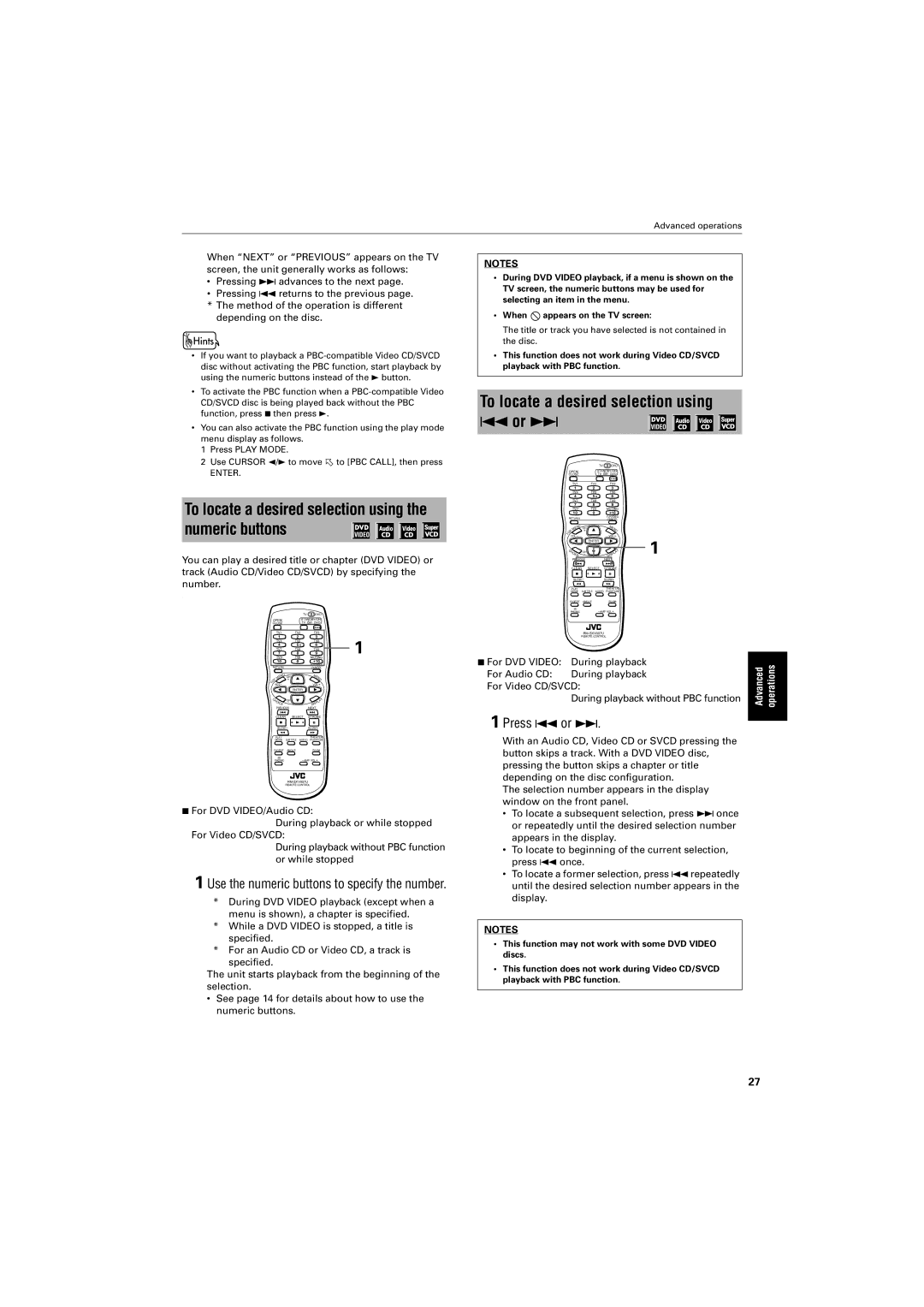 JVC GNT0013-014A manual To locate a desired selection using 4 or ¢, Use the numeric buttons to specify the number 