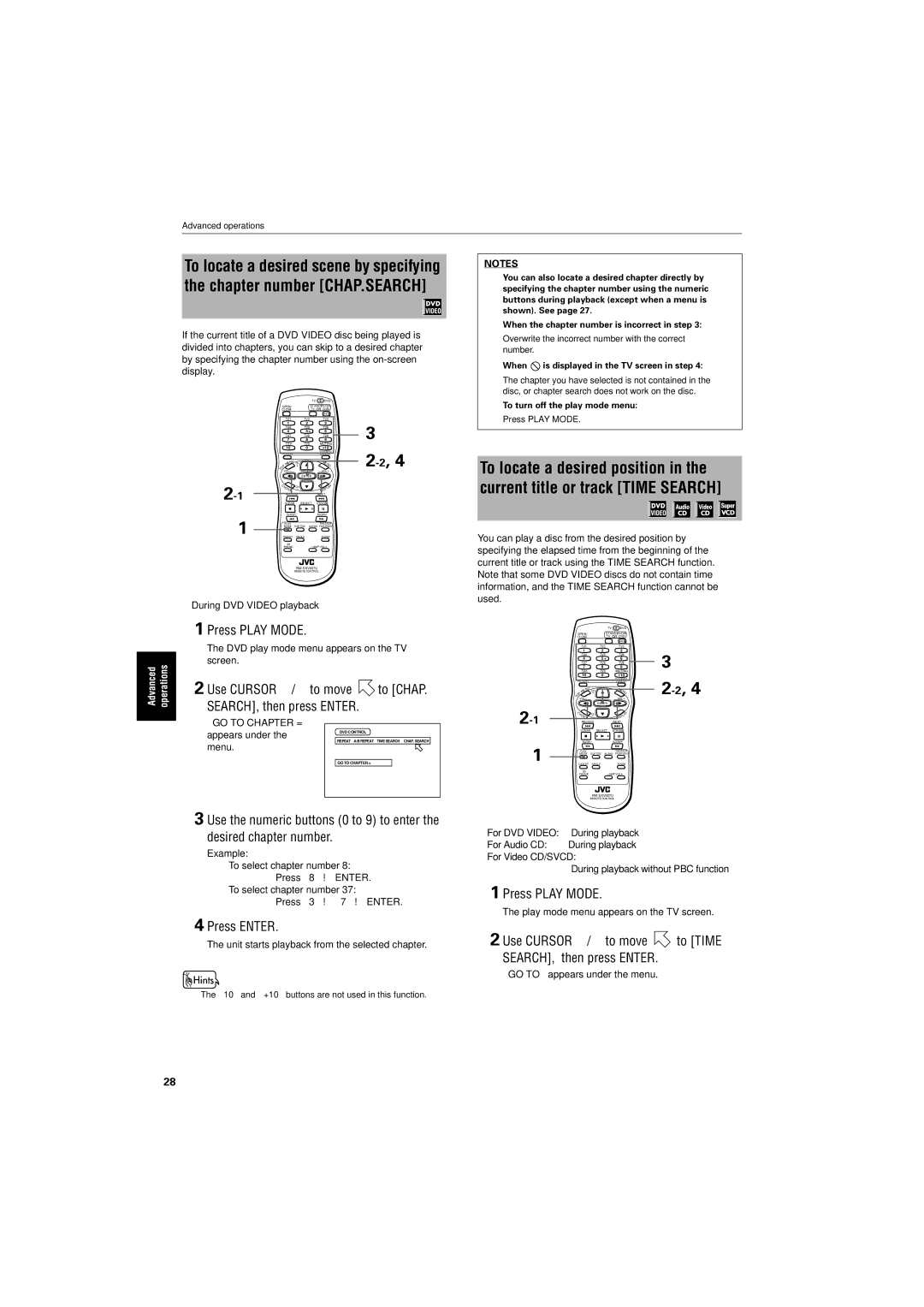 JVC GNT0013-014A manual Press Play Mode, Use Cursor 2/3 to move To Chap SEARCH, then press Enter, Press Enter 