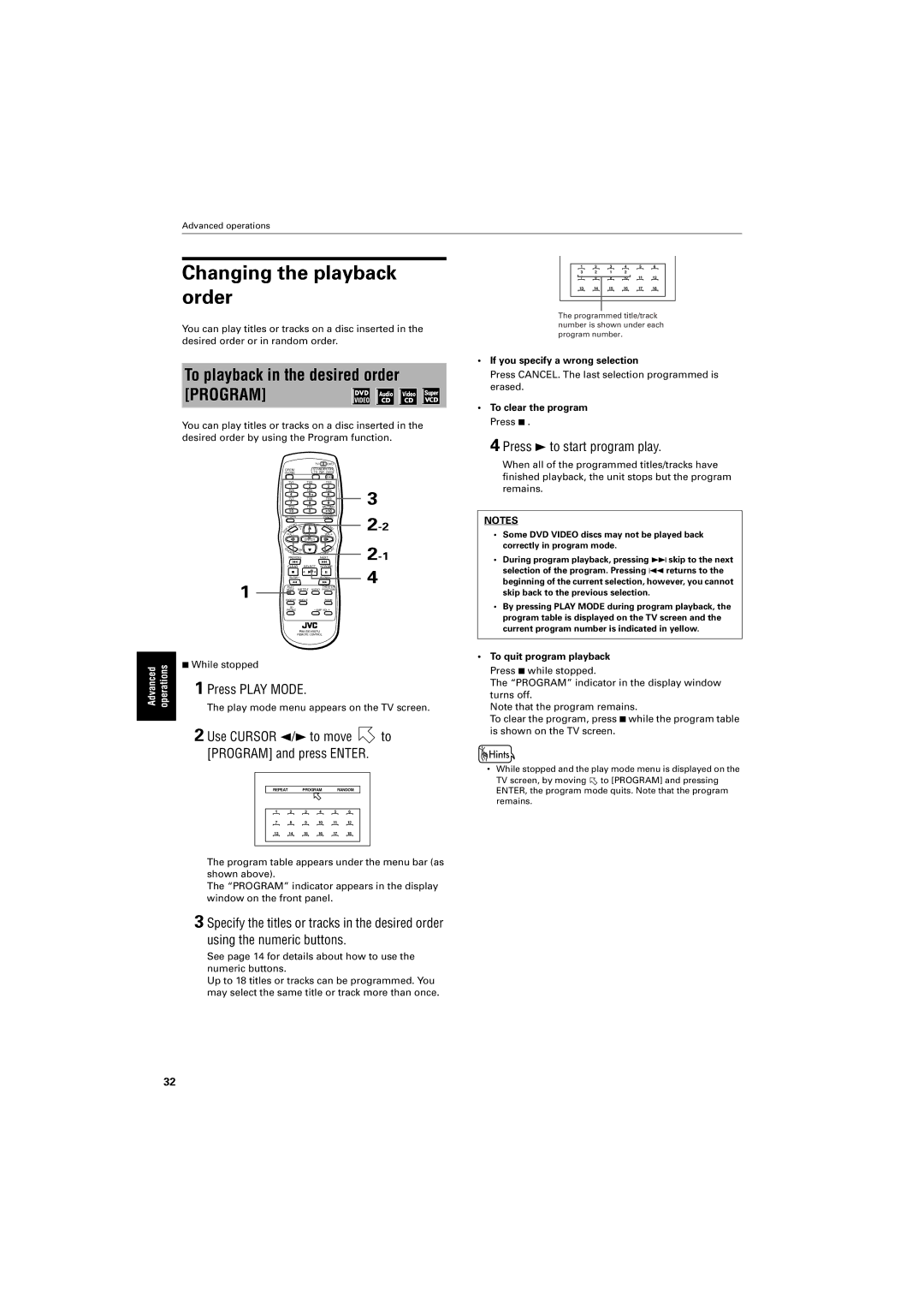 JVC GNT0013-014A Changing the playback order, To playback in the desired order Program, Press 3 to start program play 