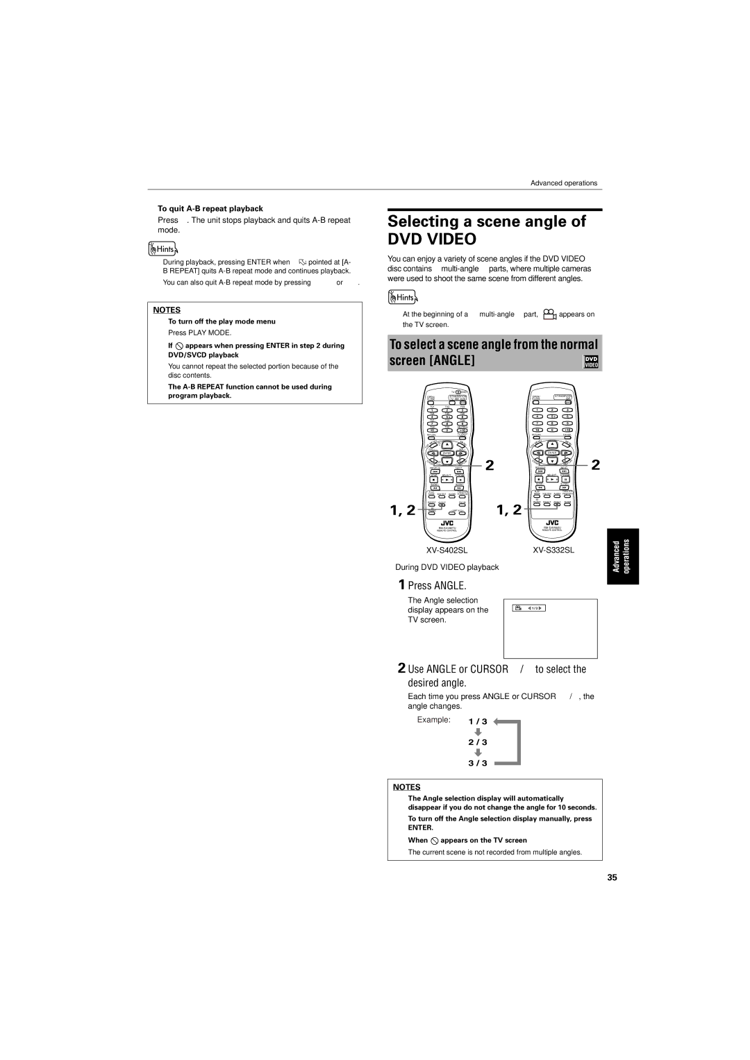 JVC GNT0013-014A manual Selecting a scene angle, To select a scene angle from the normal screen Angle, Press Angle 